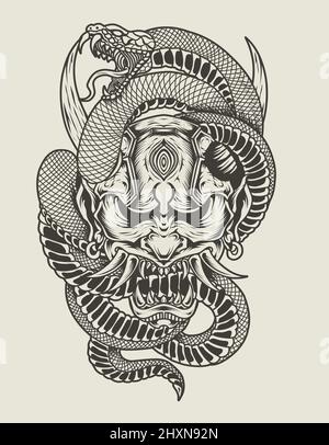 illustration red oni mask with snake monochrome style Stock Vector