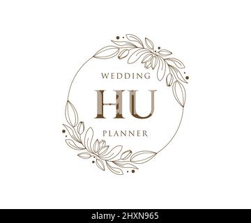 HU Initials letter Wedding monogram logos collection, hand drawn modern minimalistic and floral templates for Invitation cards, Save the Date, elegant Stock Vector