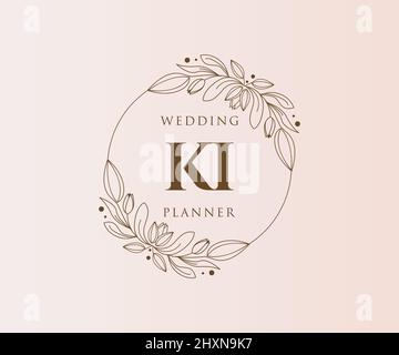 KI Initials letter Wedding monogram logos collection, hand drawn modern minimalistic and floral templates for Invitation cards, Save the Date, elegant Stock Vector