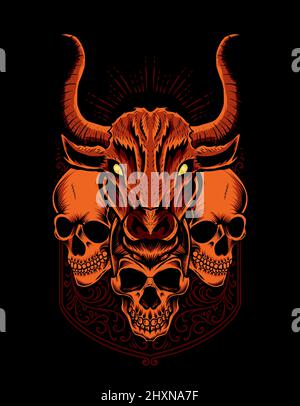 illustration bull head with skull head on black background Stock Vector