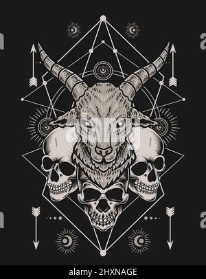 illustration goat head with skull on black background Stock Vector