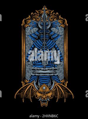 illustration samurai warriors on engraving frame Stock Vector