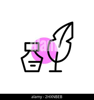 Ink and feather. Creativity and literature icon. Pixel perfect, editable stroke fun color Stock Vector