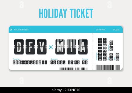 Airplane Flight ticket design with passenger name, date and destination isolated on white Stock Vector