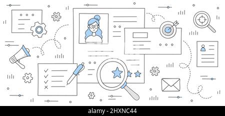 Job recruit doodle concept with applicant resume and outline business icons magnifier, pen, cv, loudspeaker, envelope, target with arrow. Interview, human resource search Line art vector illustration Stock Vector