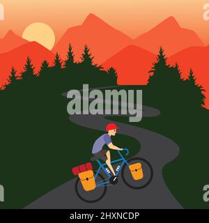 Rider cycling touring bike with bikepacking bags and tent on view of mountain. Vector and illustration design. Stock Vector