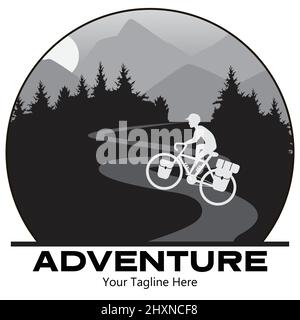 Rider cycling touring bike with bikepacking bags and tent on view of mountain. Vector and illustration emblem design. Stock Vector
