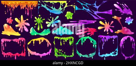 Colorful slime frames, splashes, spots and elements isolated vector set. Liquid toxic ooze borders with blobs and dripping. Bright vibrant sticky goo, jelly or syrup fluid splats, Cartoon illustration Stock Vector