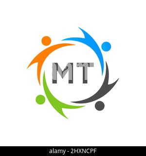 Charity Logo Template On Letter MT, Initial Unity Foundation Human Logo Sign. Unity Team Work Logo Design With MT Letter Template Stock Vector