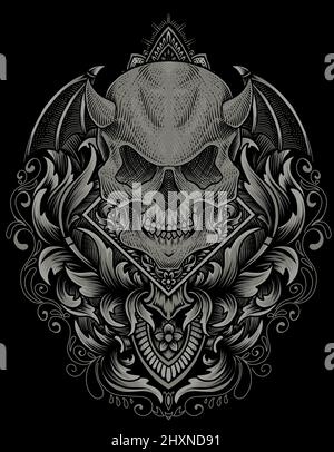illustration demon skull with engraving ornament style Stock Vector ...