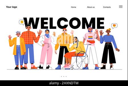 Welcome landing page. Diverse people group, business team, disabled and healthy characters waving hand show greeting gesture. Multinational men and women saying hello, Line art flat vector web banner Stock Vector