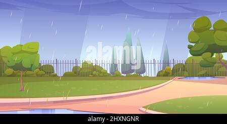 Park at rainy day, city area with paths, fence, green lawns and trees, summer landscape with cloudy sky , empty public place for walking and recreation, urban garden, Cartoon vector background Stock Vector