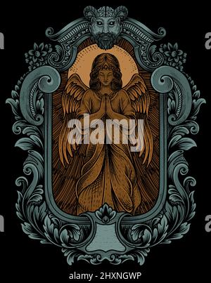 illustration angel praying with vintage engraving frame Stock Vector