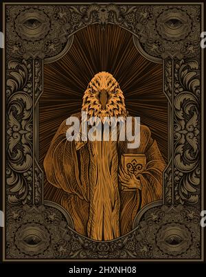 illustration scary eagle satan on engraving ornament frame Stock Vector