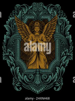 illustration angel praying with vintage engraving frame Stock Vector