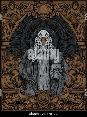 illustration scary eagle satan on engraving ornament frame Stock Vector