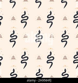Seamless pattern with boho magic snake and moon. Mystical symbol in a trendy minimalist style. Esoteric vector illustration. Hand drawn bohemian Stock Vector