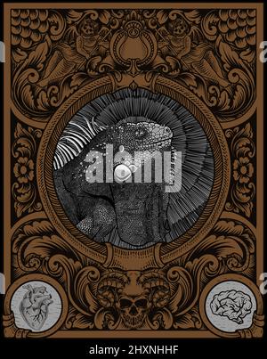 illustration vintage iguana with engraving ornament frame Stock Vector