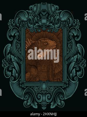 illustration vintage iguana with engraving ornament frame Stock Vector