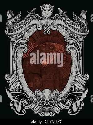 illustration vintage iguana with engraving ornament frame Stock Vector