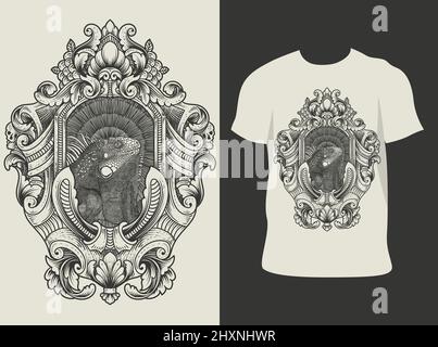 illustration vintage iguana with engraving ornament frame Stock Vector