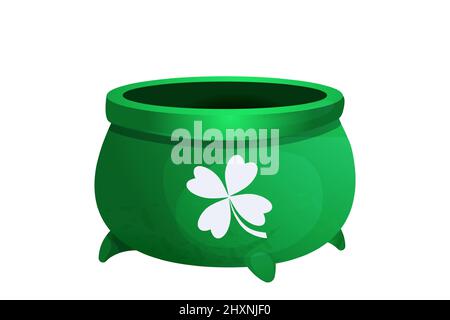 Green pot with clover leaf symbol empty in cartoon style isolated on white background. Treasure, traditional Saint Patrick day decoration. Vector illustration Stock Vector