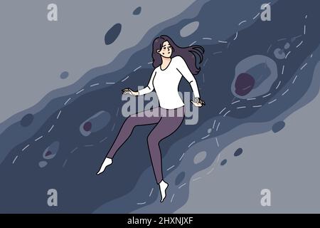 Anxious young woman wander through unknown risky area. Scared girl in dangerous space searching for something. Risk and challenge concept. Flat vector illustration.  Stock Vector