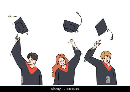 Excited students in mantles throw caps in air overjoyed with college or university graduation. Smiling graduates celebrate school finish. Education and success. Vector illustration.  Stock Vector
