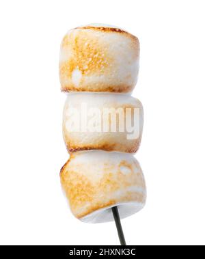 Grilled marshmallows on sticks isolated on white Stock Photo