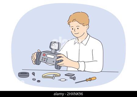 Teen boy sit at table repair robot himself. Smart small kid enjoy hobby activity fix robotic assistant. Engineering and programming for children concept. Flat vector illustration.  Stock Vector