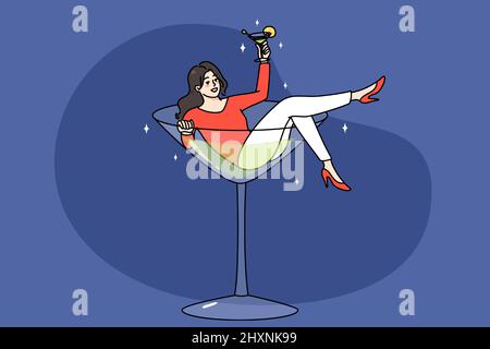 Overjoyed young woman lying in martini glass having fun drinking alcohol. Concept of bad habit or addiction. Happy girl addicted to alcoholic beverages. Alcoholism problem. Vector illustration.  Stock Vector