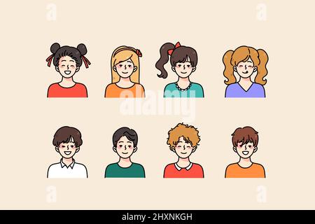 Set of diverse little happy children show different emotions and face expressions. Collection of smiling small boys and girls kids feel cheerful and positive. Childhood concept. Vector illustration.  Stock Vector