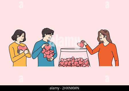 Smiling diverse people with red hearts put in jar volunteer to needy persons. Happy man and women donate to charity. Donation and volunteering concept. Flat vector illustration.  Stock Vector