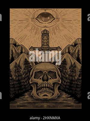 illustration antique skull sword with dark eyes engraving style Stock Vector