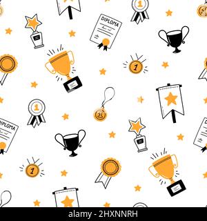 Seamless pattern with awards, trophy cups and first place medals. Winner concept. Doodle gold medal and champion trophy cup. Hand drawn award icons Stock Vector