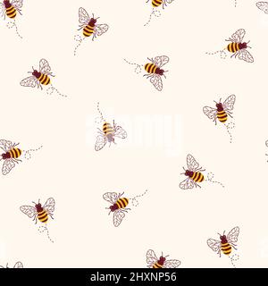 Bees seamless vector pattern. Repeating background with bumblebees on a white beige background. Summer animal backdrop. Use for fabric, wallpaper Stock Vector