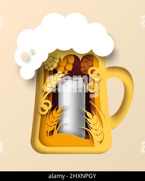 Paper cut beer mug with foam, wheat ears, hops, realistic aluminum can, vector illustration. Alcohol drink branding, ads Stock Vector