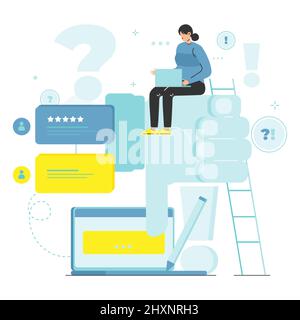 Woman leaving bad review, negative customer comment sitting on thumbs down, vector illustration. Dislike, bad feedback. Stock Vector