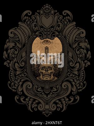 illustration antique skull sword with dark eyes engraving style Stock Vector