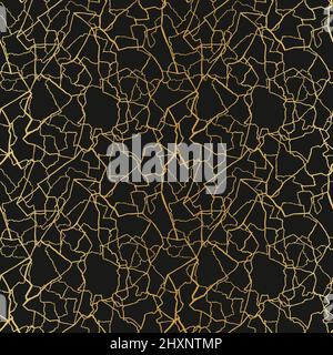 kintsugi art seamless pattern with gold thin lines and abstract shards on dark luxury background. Stock Vector