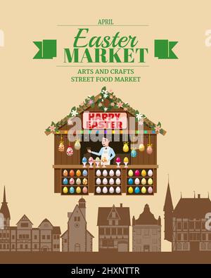 Easter Market poster, wooden stall decorated flowers, colored Easter eggs. Holiday City Spring Fair Square, Europe architecture background. Vector Stock Vector