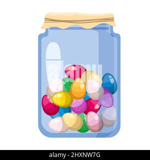 Easter glass jar with sweet candies decorated golden egg. Sweet food Stock Vector
