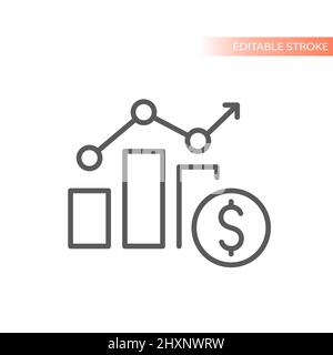 Data bar chart with dollar line vector icon. Money, financial report, success outlined symbol. Stock Vector