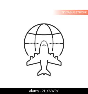 Globe, planet and airplane line vector icon. Global, international flying outlined symbol. Stock Vector