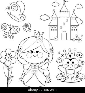 Springtime princess fairy tale illustration set. Vector black and white coloring page Stock Vector