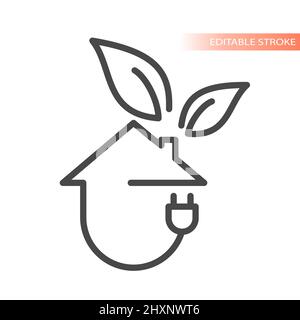 Eco friendly, green energy efficient home icon. House with plug and leaf outline vector symbol. Stock Vector