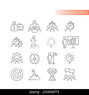 Teamwork, human resources line icon set. Business management, employees achievement outlined icons. Stock Vector
