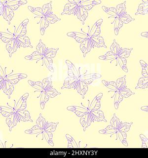 Butterfly pattern, soft pastel yellow background and lilac contours of the butterfly, seamless. Vector illustration Stock Vector
