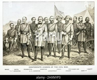 Confederate Leaders of the Civil War: Bragg, Smith, Pemberton, Hampton, Early, Fitz-Hugh Lee, Pickett (Back), Joe Johnston, A.S. Johnston, Longstreet, Stuart, Gordon (Front) from the book ' Angels of the battlefield : a history of the labors of the Catholic sisterhoods in the late civil war ' by George Barton, Published in 1898 in Philadelphia, Pa., by The Catholic Art Publishing Company.