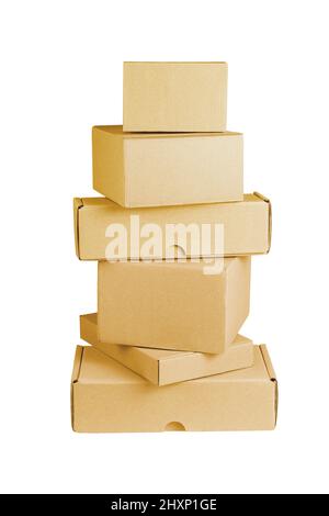 Stack of Cardboard Boxes on White Background Stock Photo